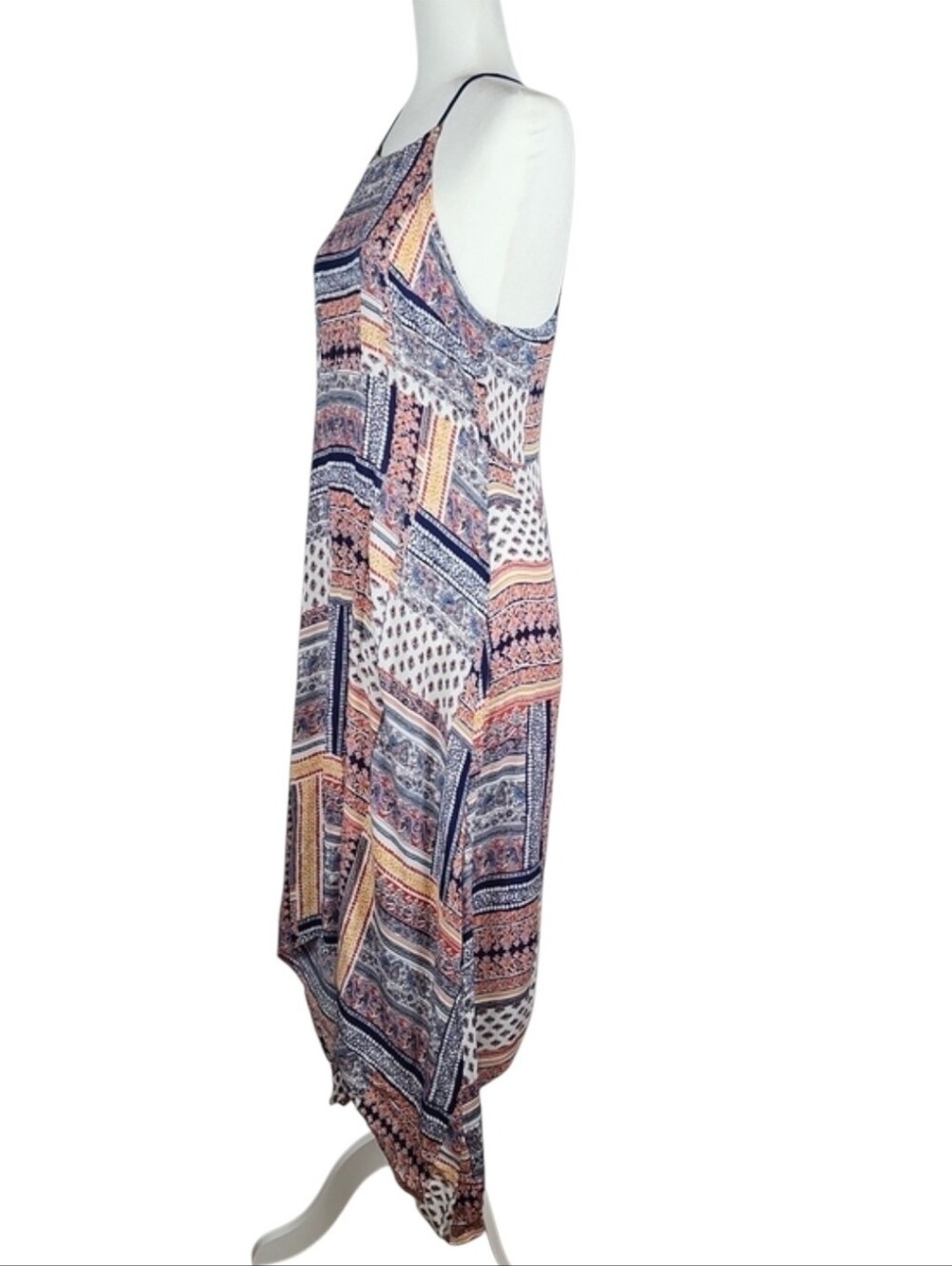 Boho Beach Asymmetrical Dress Navy Blue Orange Multicolor Sundress Bohemian, L - Picture 3 of 8